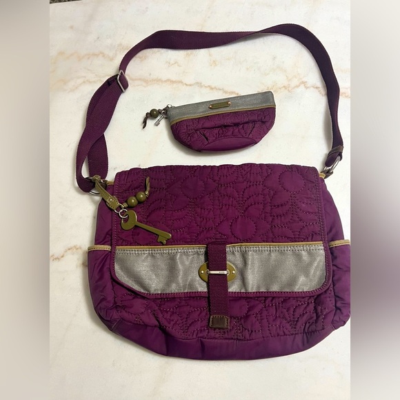 FOSSIL KEY-PER NYLON QUILTED MESSENGER BAG PURPLE WITH MATCHING POUCH - Picture 1 of 15